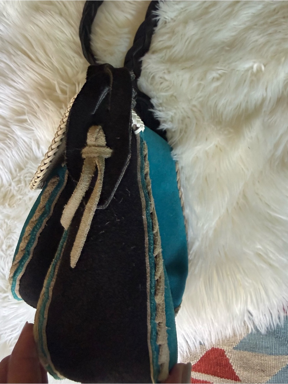 Rare Vintage Turquoise and Black Suede Boho Shoulder Bag